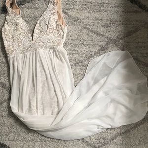 Lulus long chiffon and lace bridal dress